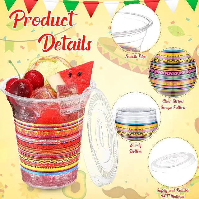 Alt view image 3 of 6 - 50 Pack 12 oz Fiesta Plastic Cups with Lids and Paper Straws Mexican Clear Disposable Cups Bulk Cinco De Mayo Party Decorations for Fiesta Taco Birthday Party Drinkware Supplies