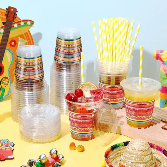 Alt view image 4 of 6 - 50 Pack 12 oz Fiesta Plastic Cups with Lids and Paper Straws Mexican Clear Disposable Cups Bulk Cinco De Mayo Party Decorations for Fiesta Taco Birthday Party Drinkware Supplies
