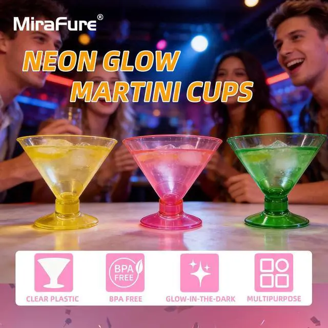 Alt view image 2 of 7 - Neon Glow Party Supplies Glow in the Dark Disposable Plastic Martini Glasses - 54 Pack 5oz BPA-Free Cups with Removable Base, Reusable Plastic Martini Glasses for Party, Wedding, Halloween