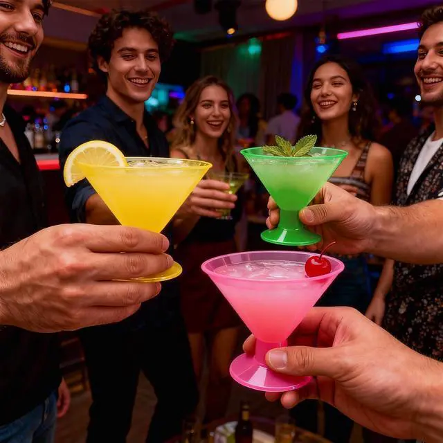 Alt view image 6 of 7 - Neon Glow Party Supplies Glow in the Dark Disposable Plastic Martini Glasses - 54 Pack 5oz BPA-Free Cups with Removable Base, Reusable Plastic Martini Glasses for Party, Wedding, Halloween