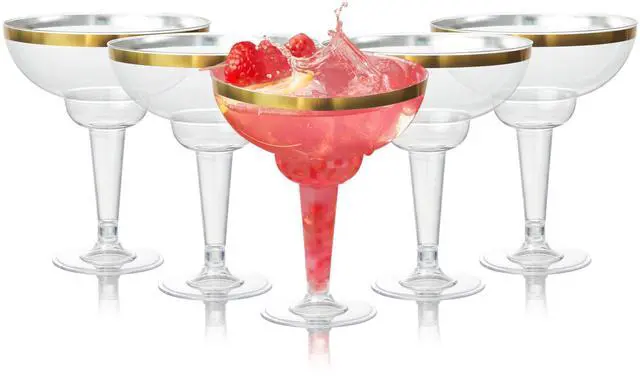 Main image of 12 Plastic Margarita Glasses Disposable Cups or Reusable (Gold Rim) 12 oz Margarita Cups for Parties, Wedding, Birthday, Cocktail & Martini