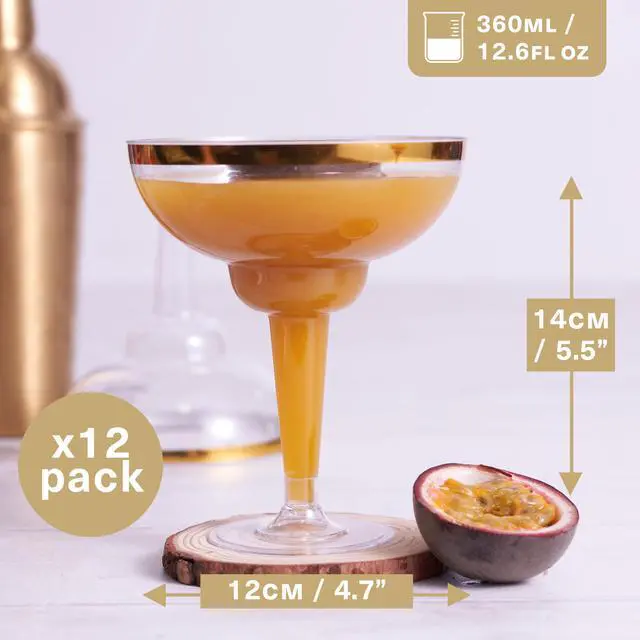 Alt view image 2 of 7 - 12 Plastic Margarita Glasses Disposable Cups or Reusable (Gold Rim) 12 oz Margarita Cups for Parties, Wedding, Birthday, Cocktail & Martini