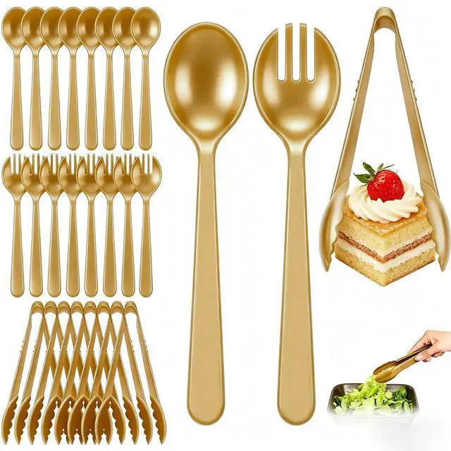 Main image of 24 Pcs Gold Plastic Serving Utensils Set - Heavy Duty Disposable Serving Spoons, Forks & Tongs (8 of Each) - BPA-Free Catering Supplies for Buffets, Parties, Weddings & Events