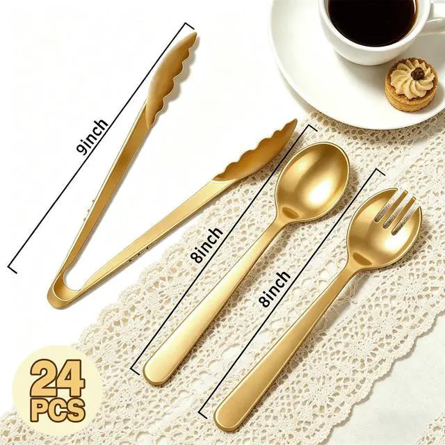 Alt view image 2 of 7 - 24 Pcs Gold Plastic Serving Utensils Set - Heavy Duty Disposable Serving Spoons, Forks & Tongs (8 of Each) - BPA-Free Catering Supplies for Buffets, Parties, Weddings & Events