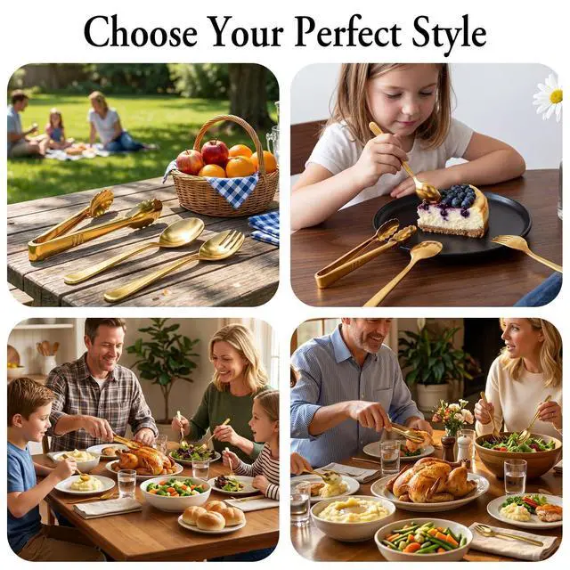 Alt view image 7 of 7 - 24 Pcs Gold Plastic Serving Utensils Set - Heavy Duty Disposable Serving Spoons, Forks & Tongs (8 of Each) - BPA-Free Catering Supplies for Buffets, Parties, Weddings & Events