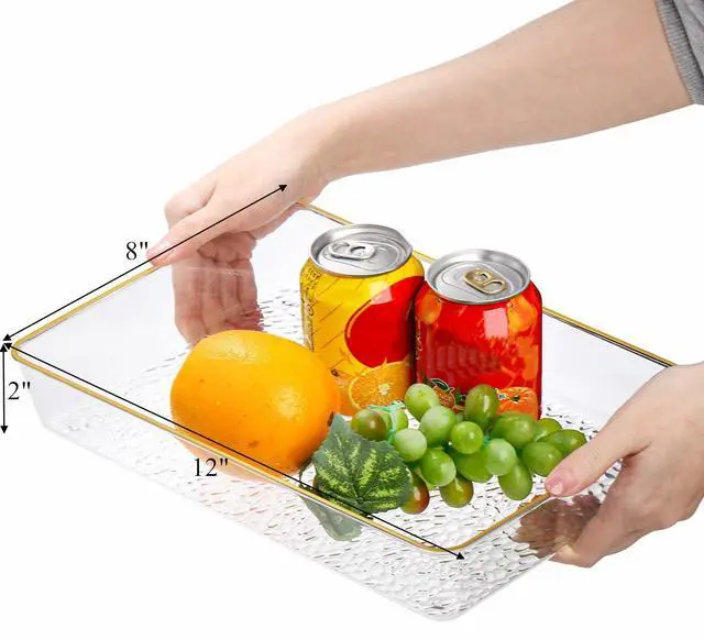 Alt view image 2 of 7 - 4 Pack Clear Serving Trays, Deep Serving Platters Rectangle 12'' x 8'', Decorative Tray with Gold Rim, Reusable Plastic Tray Organizer for Coffee Table Pantry Party Food Display Spill Proof