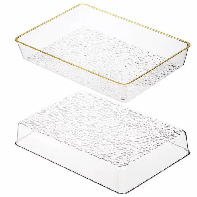 Alt view image 3 of 7 - 4 Pack Clear Serving Trays, Deep Serving Platters Rectangle 12'' x 8'', Decorative Tray with Gold Rim, Reusable Plastic Tray Organizer for Coffee Table Pantry Party Food Display Spill Proof