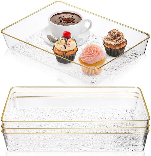 Alt view image 5 of 7 - 4 Pack Clear Serving Trays, Deep Serving Platters Rectangle 12'' x 8'', Decorative Tray with Gold Rim, Reusable Plastic Tray Organizer for Coffee Table Pantry Party Food Display Spill Proof