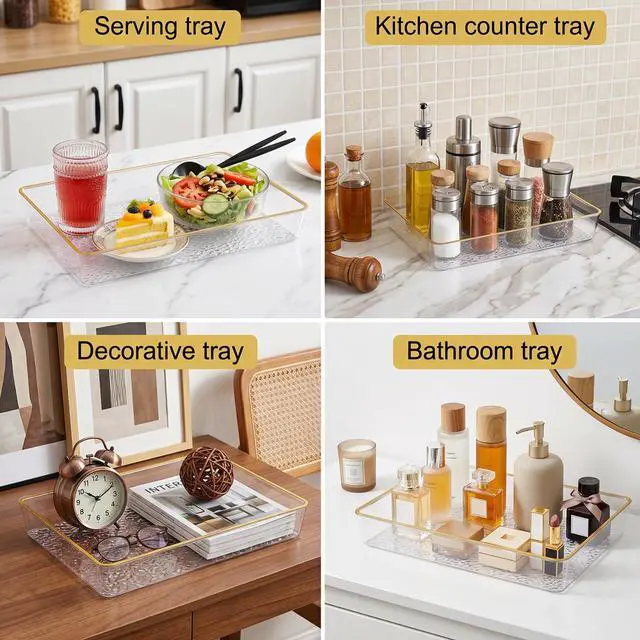 Alt view image 7 of 7 - 4 Pack Clear Serving Trays, Deep Serving Platters Rectangle 12'' x 8'', Decorative Tray with Gold Rim, Reusable Plastic Tray Organizer for Coffee Table Pantry Party Food Display Spill Proof