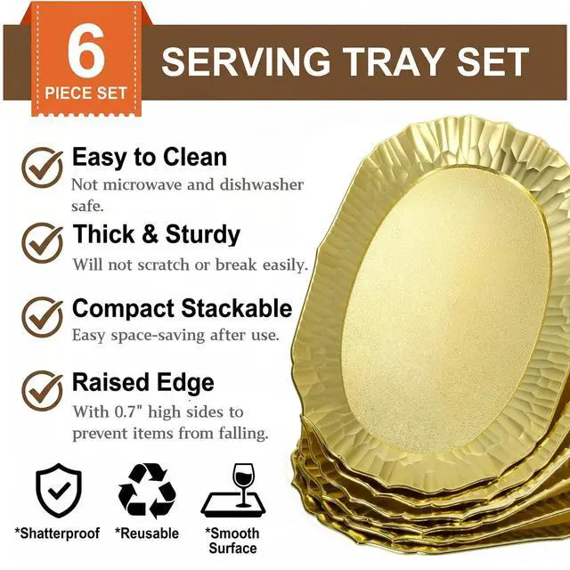 Alt view image 3 of 7 - 6 Pack Plastic Serving Tray, Gold Serving Platter Set, Reusable Party Snack Serving Tray, Decorative Food Appetizer Platters for Dessert Table, Cupcake, Charcuterie, Cookies, 14" x 8.5"
