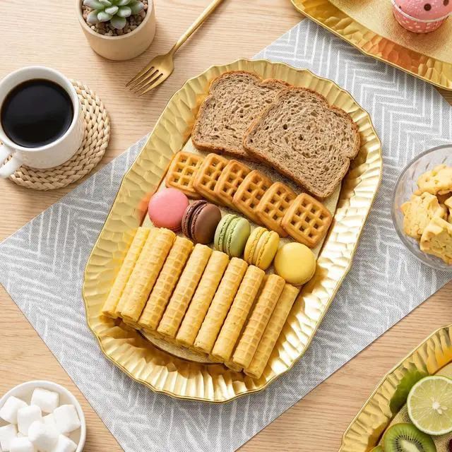 Alt view image 4 of 7 - 6 Pack Plastic Serving Tray, Gold Serving Platter Set, Reusable Party Snack Serving Tray, Decorative Food Appetizer Platters for Dessert Table, Cupcake, Charcuterie, Cookies, 14" x 8.5"