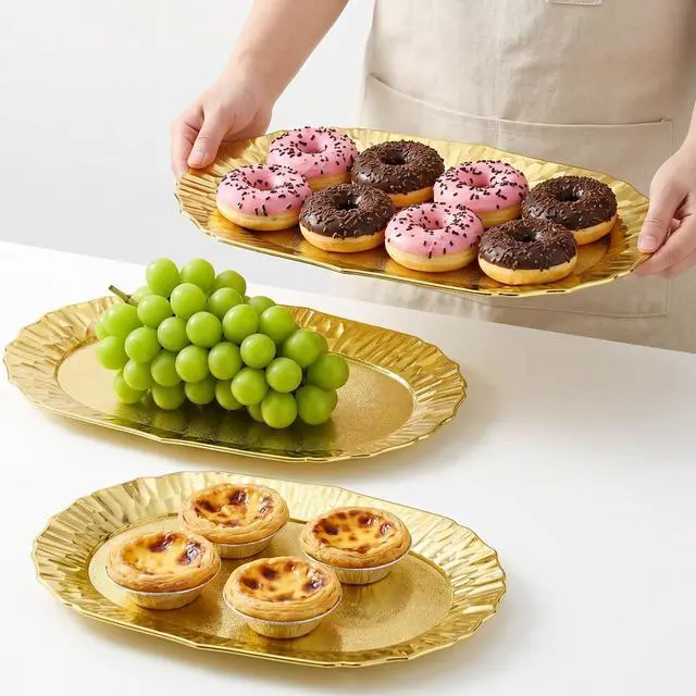 Alt view image 6 of 7 - 6 Pack Plastic Serving Tray, Gold Serving Platter Set, Reusable Party Snack Serving Tray, Decorative Food Appetizer Platters for Dessert Table, Cupcake, Charcuterie, Cookies, 14" x 8.5"