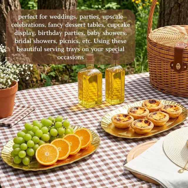 Alt view image 7 of 7 - 6 Pack Plastic Serving Tray, Gold Serving Platter Set, Reusable Party Snack Serving Tray, Decorative Food Appetizer Platters for Dessert Table, Cupcake, Charcuterie, Cookies, 14" x 8.5"
