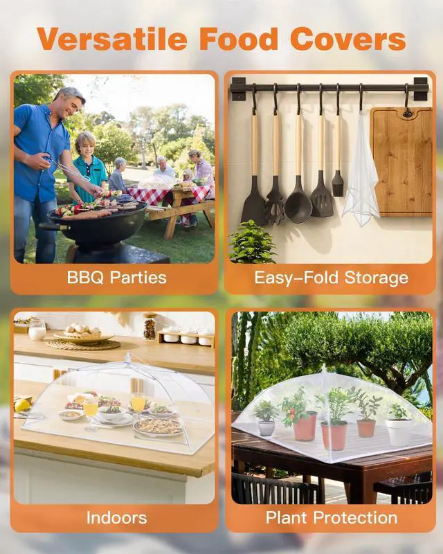 Alt view image 3 of 7 - Food Covers for Outdoors - 1 Extra Large (40"x25") + 4 Large (17"x17") Pop-Up Mesh Food Tents, Collapsible Reusable Bug-Proof Nets for Picnics, BBQs & Camping, Stainless Steel Frame