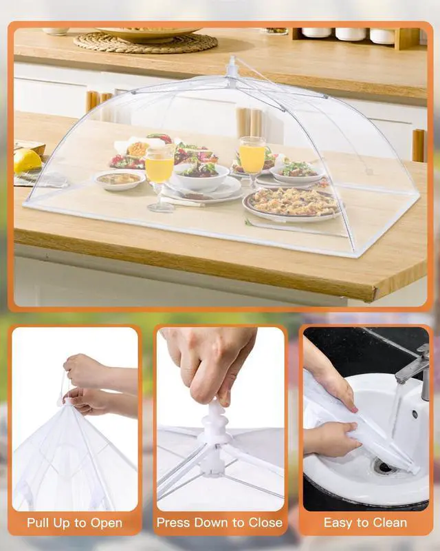 Alt view image 4 of 7 - Food Covers for Outdoors - 1 Extra Large (40"x25") + 4 Large (17"x17") Pop-Up Mesh Food Tents, Collapsible Reusable Bug-Proof Nets for Picnics, BBQs & Camping, Stainless Steel Frame
