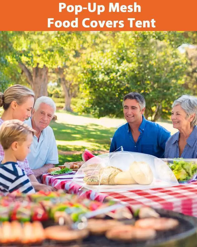 Alt view image 7 of 7 - Food Covers for Outdoors - 1 Extra Large (40"x25") + 4 Large (17"x17") Pop-Up Mesh Food Tents, Collapsible Reusable Bug-Proof Nets for Picnics, BBQs & Camping, Stainless Steel Frame