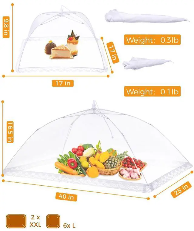 Alt view image 4 of 6 - Food Covers for Outdoors- 2 Extra Large (40"x25") + 6 Large (17"x17") Pop-Up Mesh Food Tents, Collapsible Reusable Bug-Proof Nets for Picnics, BBQs & Camping, Stainless Steel Frame