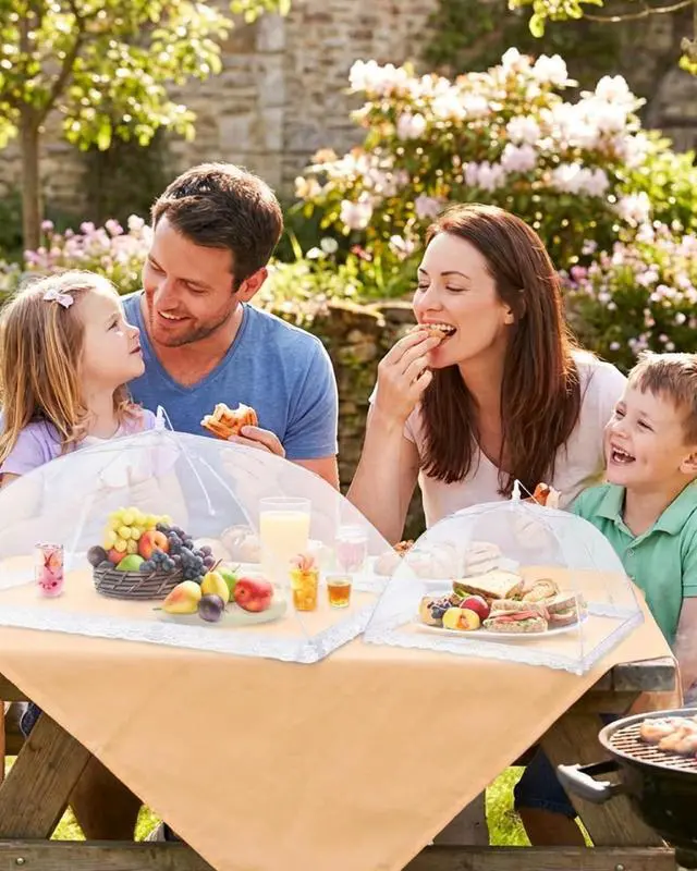 Alt view image 6 of 6 - Food Covers for Outdoors- 2 Extra Large (40"x25") + 6 Large (17"x17") Pop-Up Mesh Food Tents, Collapsible Reusable Bug-Proof Nets for Picnics, BBQs & Camping, Stainless Steel Frame