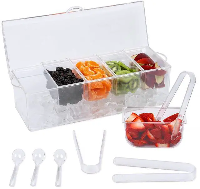 Main image of Condiment Caddy with 5 Removable Containers (2.5Cup) & Tongs/Spoon Set - Great Condiment Containers for Salad Bar, Garnish Tray, Nacho Bar, Pizza Topping Station, Bar Supplies, Vegetable Tray With Lid