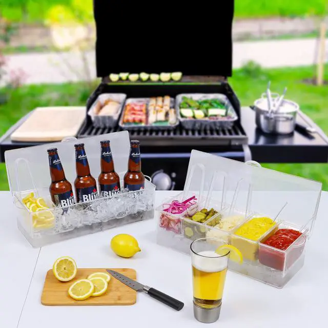 Alt view image 5 of 6 - Condiment Caddy with 5 Removable Containers (2.5Cup) & Tongs/Spoon Set - Great Condiment Containers for Salad Bar, Garnish Tray, Nacho Bar, Pizza Topping Station, Bar Supplies, Vegetable Tray With Lid
