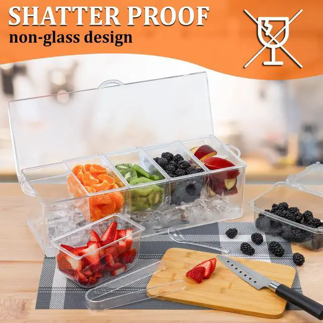 Alt view image 4 of 6 - Condiment Caddy with 5 Removable Containers (2.5Cup) & Tongs/Spoon Set - Great Condiment Containers for Salad Bar, Garnish Tray, Nacho Bar, Pizza Topping Station, Bar Supplies, Vegetable Tray With Lid