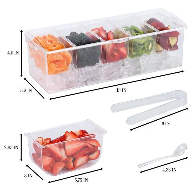 Alt view image 6 of 6 - Condiment Caddy with 5 Removable Containers (2.5Cup) & Tongs/Spoon Set - Great Condiment Containers for Salad Bar, Garnish Tray, Nacho Bar, Pizza Topping Station, Bar Supplies, Vegetable Tray With Lid