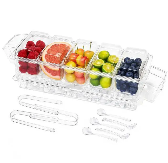 Main image of Chilled Condiment Server, Taco Bar Serving Set, Mimosa Bar Supplies, with 5 Lidded Containers and Detachable Ice Storage Layer, 2 Hanging Cups for Storing Tong or Forks