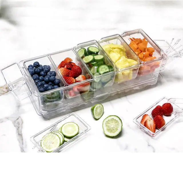 Alt view image 2 of 7 - Chilled Condiment Server, Taco Bar Serving Set, Mimosa Bar Supplies, with 5 Lidded Containers and Detachable Ice Storage Layer, 2 Hanging Cups for Storing Tong or Forks