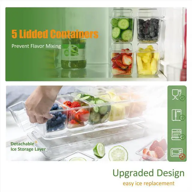 Alt view image 5 of 7 - Chilled Condiment Server, Taco Bar Serving Set, Mimosa Bar Supplies, with 5 Lidded Containers and Detachable Ice Storage Layer, 2 Hanging Cups for Storing Tong or Forks