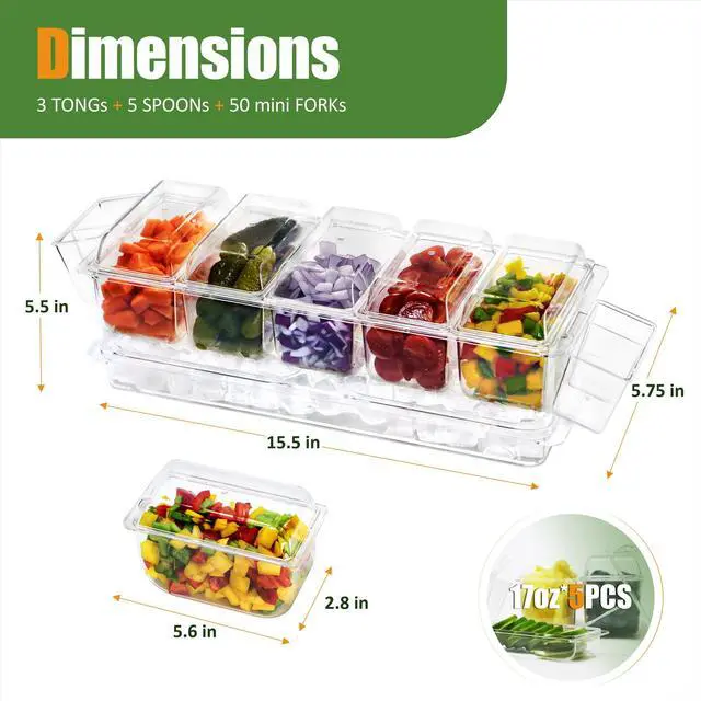 Alt view image 6 of 7 - Chilled Condiment Server, Taco Bar Serving Set, Mimosa Bar Supplies, with 5 Lidded Containers and Detachable Ice Storage Layer, 2 Hanging Cups for Storing Tong or Forks