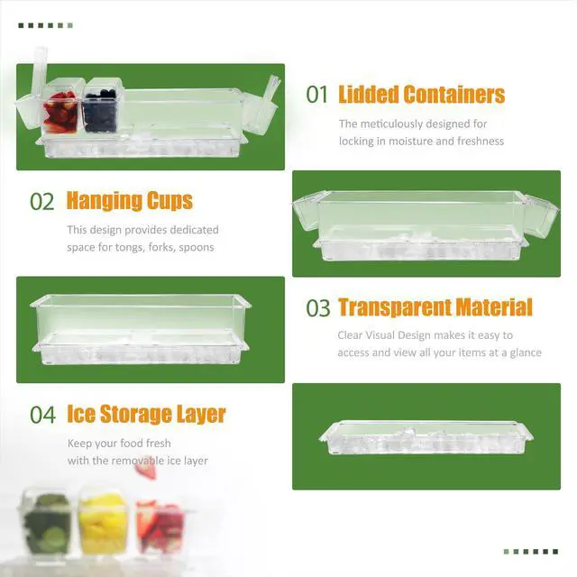 Alt view image 4 of 7 - Chilled Condiment Server, Taco Bar Serving Set, Mimosa Bar Supplies, with 5 Lidded Containers and Detachable Ice Storage Layer, 2 Hanging Cups for Storing Tong or Forks