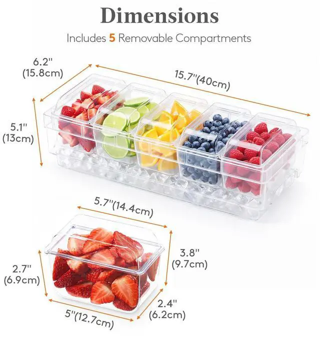 Alt view image 3 of 7 - Chilled Condiment Containers with Lids, Plastic Taco Bar Serving Set for Party with 5 Containers, Ice Garnish Tray for Mimosa Bar Supplies, Clear Serving Platter for Fruit, Salad, Snack