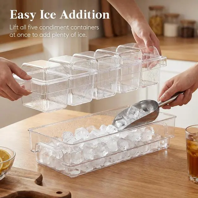 Alt view image 4 of 7 - Chilled Condiment Containers with Lids, Plastic Taco Bar Serving Set for Party with 5 Containers, Ice Garnish Tray for Mimosa Bar Supplies, Clear Serving Platter for Fruit, Salad, Snack