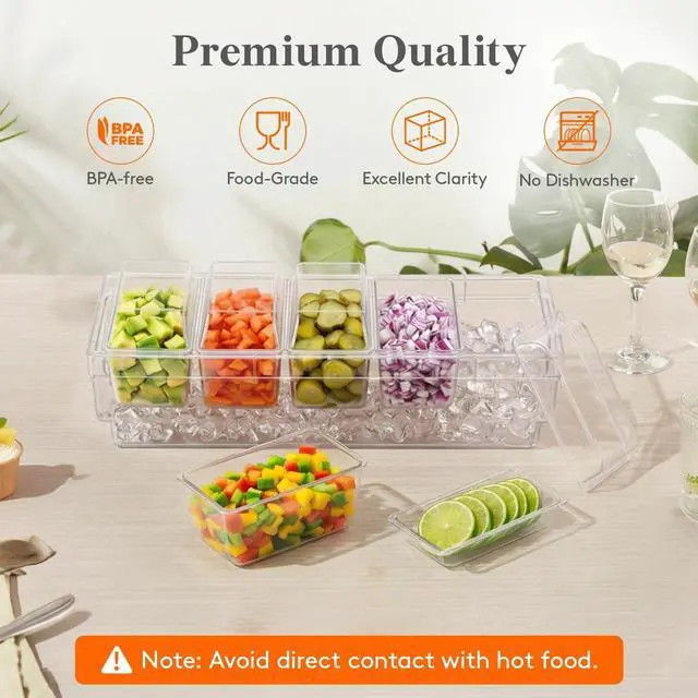 Alt view image 5 of 7 - Chilled Condiment Containers with Lids, Plastic Taco Bar Serving Set for Party with 5 Containers, Ice Garnish Tray for Mimosa Bar Supplies, Clear Serving Platter for Fruit, Salad, Snack