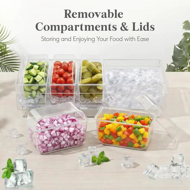 Alt view image 7 of 7 - Chilled Condiment Containers with Lids, Plastic Taco Bar Serving Set for Party with 5 Containers, Ice Garnish Tray for Mimosa Bar Supplies, Clear Serving Platter for Fruit, Salad, Snack