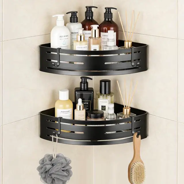 Main image of Adhesive Corner Shower Caddy 2 Pack, No Drilling Corner Shelf Bathroom Shower Caddy with Hooks, 2-Tier Bathroom Corner Shelves Shower Caddies, Rust Proof Aluminum Shower Shelf for Inside Shower