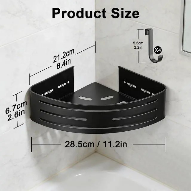 Alt view image 2 of 7 - Adhesive Corner Shower Caddy 2 Pack, No Drilling Corner Shelf Bathroom Shower Caddy with Hooks, 2-Tier Bathroom Corner Shelves Shower Caddies, Rust Proof Aluminum Shower Shelf for Inside Shower