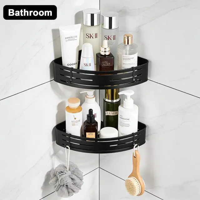 Alt view image 5 of 7 - Adhesive Corner Shower Caddy 2 Pack, No Drilling Corner Shelf Bathroom Shower Caddy with Hooks, 2-Tier Bathroom Corner Shelves Shower Caddies, Rust Proof Aluminum Shower Shelf for Inside Shower