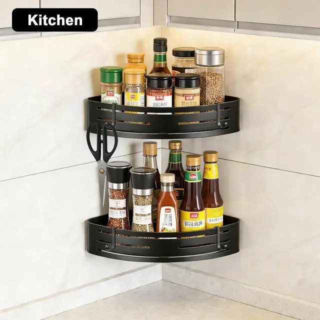 Alt view image 6 of 7 - Adhesive Corner Shower Caddy 2 Pack, No Drilling Corner Shelf Bathroom Shower Caddy with Hooks, 2-Tier Bathroom Corner Shelves Shower Caddies, Rust Proof Aluminum Shower Shelf for Inside Shower