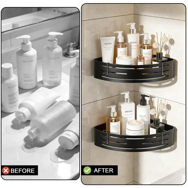 Alt view image 7 of 7 - Adhesive Corner Shower Caddy 2 Pack, No Drilling Corner Shelf Bathroom Shower Caddy with Hooks, 2-Tier Bathroom Corner Shelves Shower Caddies, Rust Proof Aluminum Shower Shelf for Inside Shower