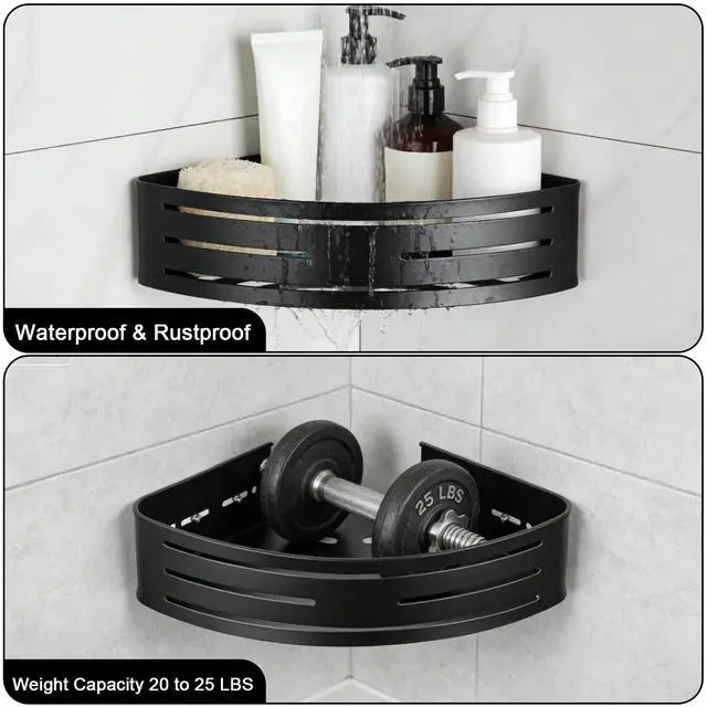 Alt view image 4 of 7 - Adhesive Corner Shower Caddy 2 Pack, No Drilling Corner Shelf Bathroom Shower Caddy with Hooks, 2-Tier Bathroom Corner Shelves Shower Caddies, Rust Proof Aluminum Shower Shelf for Inside Shower
