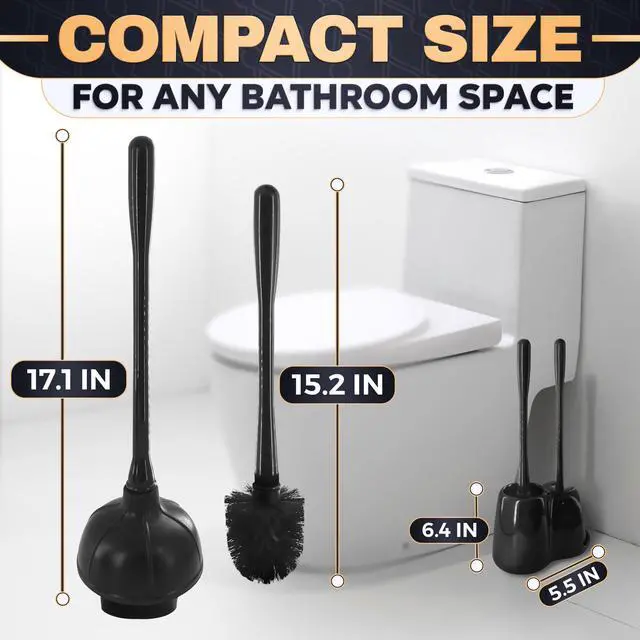 Alt view image 2 of 7 - 2-in-1 Black Toilet Brush and Plunger Set with Holder Compact Bathroom Cleaning Combo, Strong Rubber Plunger & Stiff Bristle Brush, Space-Saving Stand, Fits Most Standard Toilets, 9.3×6.3×15.2 inch