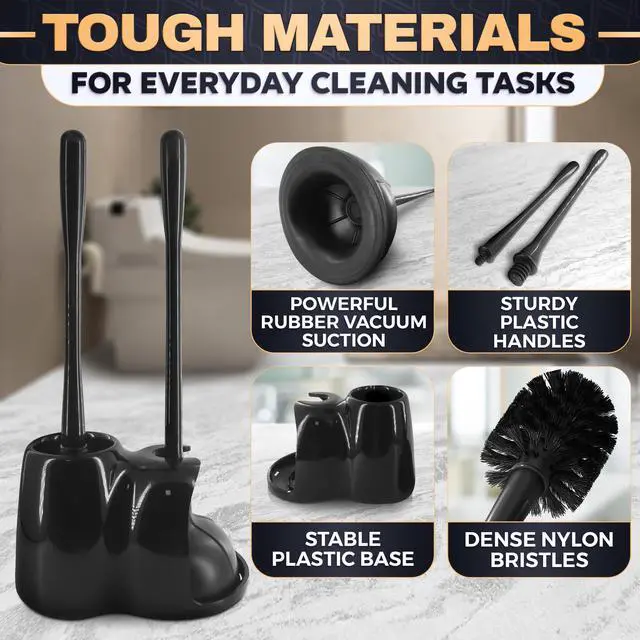 Alt view image 3 of 7 - 2-in-1 Black Toilet Brush and Plunger Set with Holder Compact Bathroom Cleaning Combo, Strong Rubber Plunger & Stiff Bristle Brush, Space-Saving Stand, Fits Most Standard Toilets, 9.3×6.3×15.2 inch