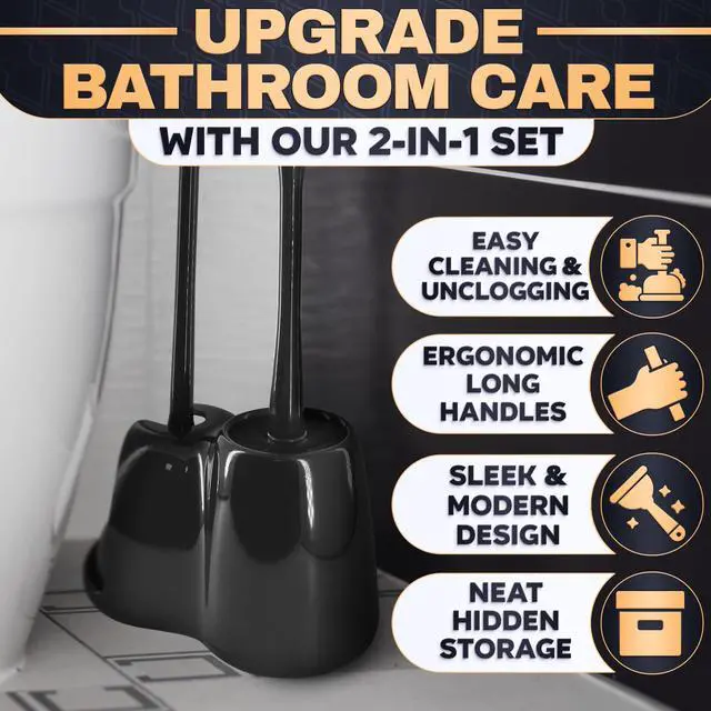 Alt view image 4 of 7 - 2-in-1 Black Toilet Brush and Plunger Set with Holder Compact Bathroom Cleaning Combo, Strong Rubber Plunger & Stiff Bristle Brush, Space-Saving Stand, Fits Most Standard Toilets, 9.3×6.3×15.2 inch