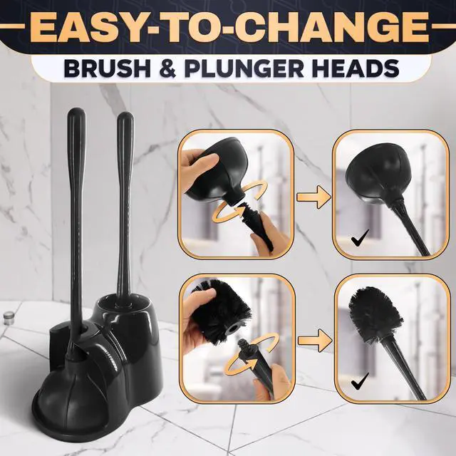 Alt view image 5 of 7 - 2-in-1 Black Toilet Brush and Plunger Set with Holder Compact Bathroom Cleaning Combo, Strong Rubber Plunger & Stiff Bristle Brush, Space-Saving Stand, Fits Most Standard Toilets, 9.3×6.3×15.2 inch