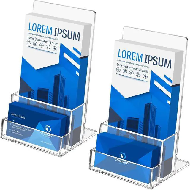 Main image of Acrylic Brochure Holder 4 inches with Business Card Holder for 100 Brochures, 2 Pack Clear Display Stand for Magazine, Pamphlet, Booklets, Menu, Journals, Business Card, Trifold