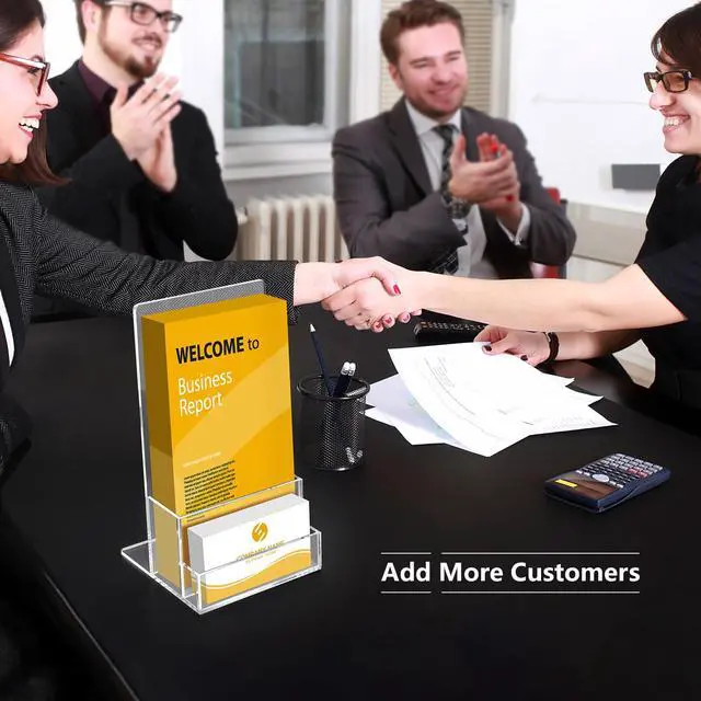 Alt view image 6 of 7 - Acrylic Brochure Holder 4 inches with Business Card Holder for 100 Brochures, 2 Pack Clear Display Stand for Magazine, Pamphlet, Booklets, Menu, Journals, Business Card, Trifold