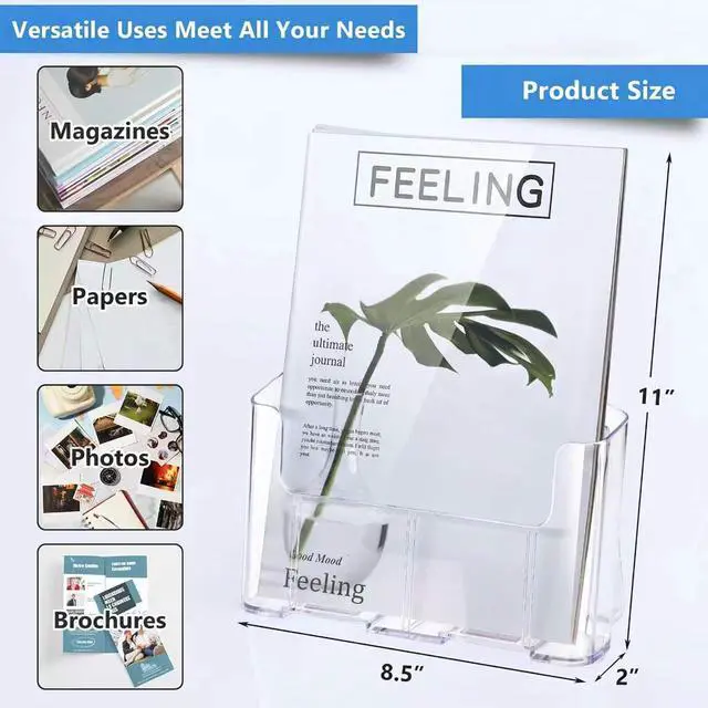 Alt view image 3 of 6 - Acrylic Brochure Holder 8.5 x 11 inches, 2 Pack Clear Brochure Display Stand with Removable Divider for Trifold 4 Inches Wide Pamphlet, Plastic Flyer Holder for Magazine, Literature, Booklet