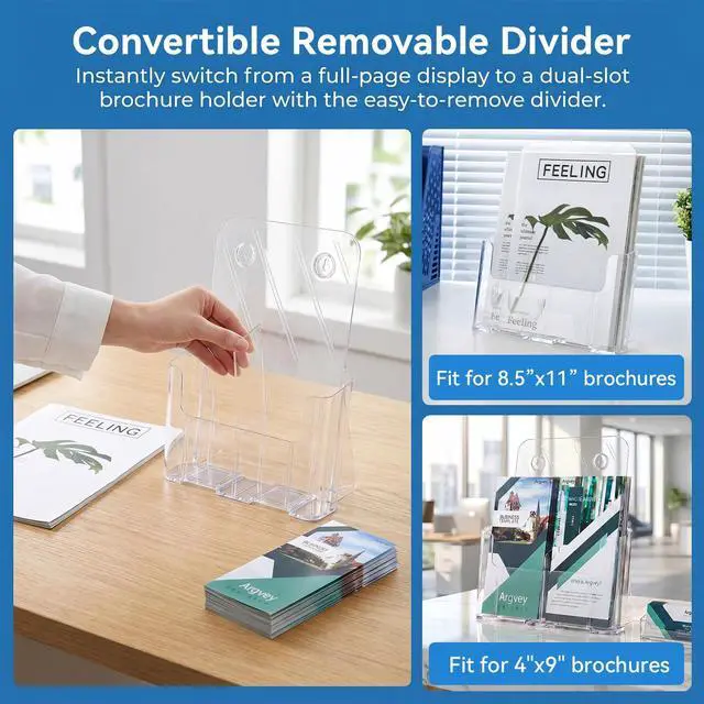 Alt view image 4 of 6 - Acrylic Brochure Holder 8.5 x 11 inches, 2 Pack Clear Brochure Display Stand with Removable Divider for Trifold 4 Inches Wide Pamphlet, Plastic Flyer Holder for Magazine, Literature, Booklet