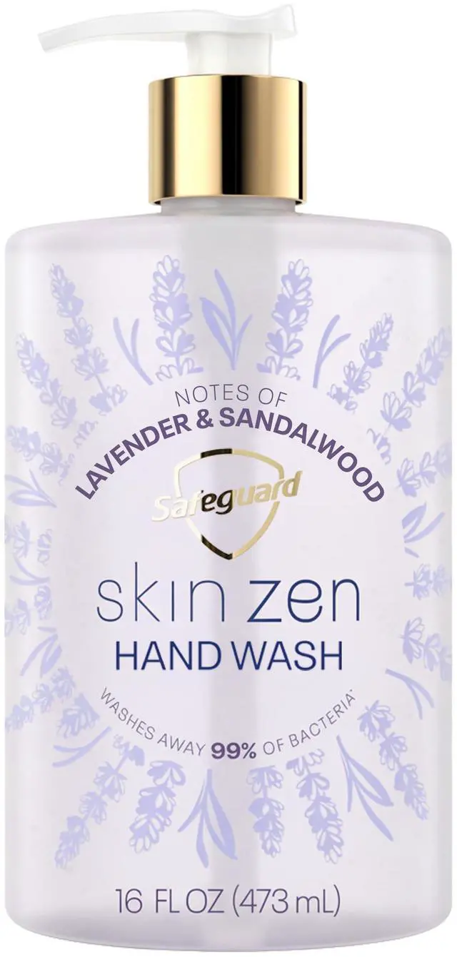 Main image of Liquid Hand Soap, Skin Zen, Washes Away 99% Bacteria, Made with Natural Moisturizers & 2X Skin Conditioners, Safeguarding Families, PH Balanced Formula, Lavender & Sandalwood Scent, 16 oz